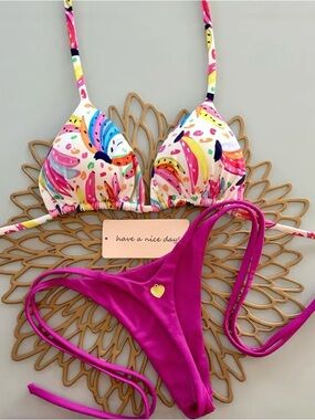 Colorful Abstract Print Triangle Bikini Top with Fuchsia String Bottom